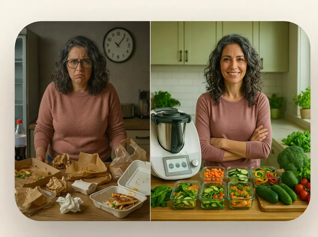 Mulher de meia-idade antes e depois de perder 10 kg com refeições keto preparadas na Bimby